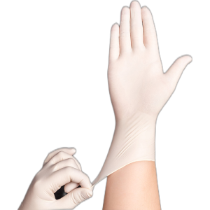 White latex protective gloves worn on hand