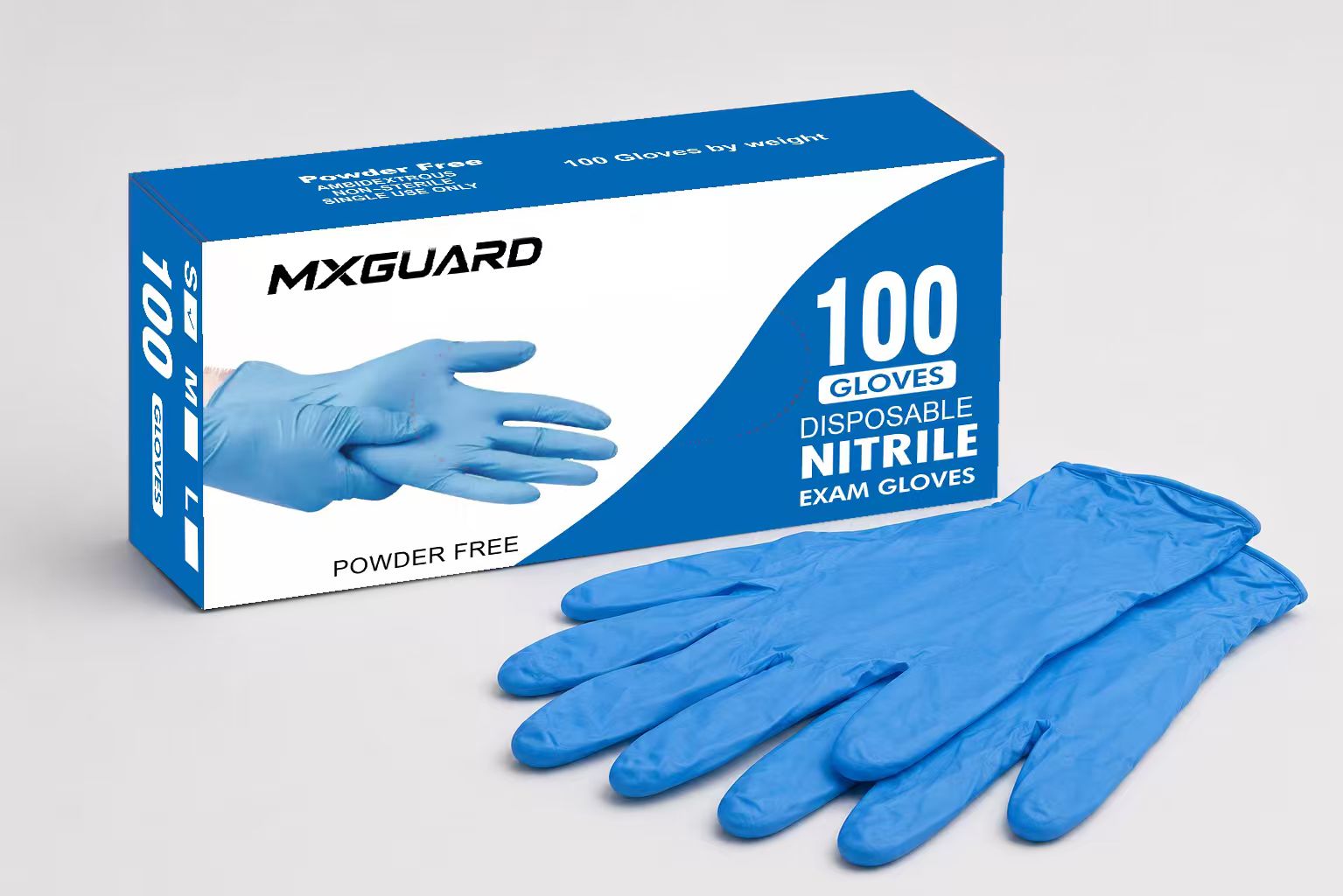 MXGUARD blue box with blue nitrile exam gloves