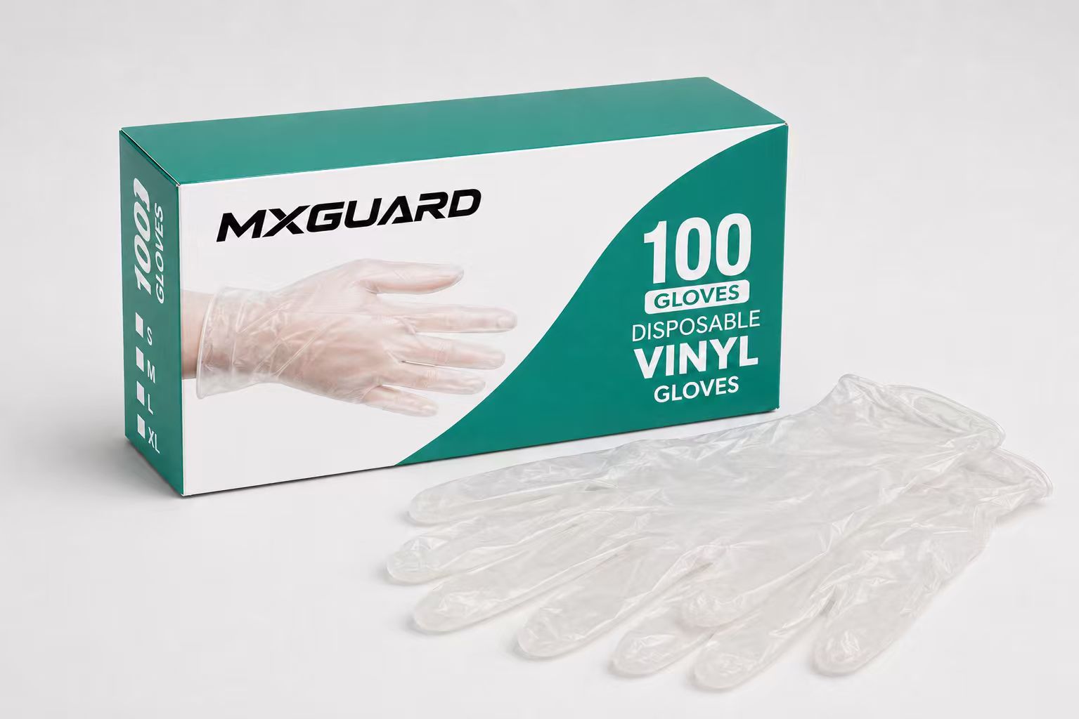 MXGUARD teal box with clear vinyl gloves